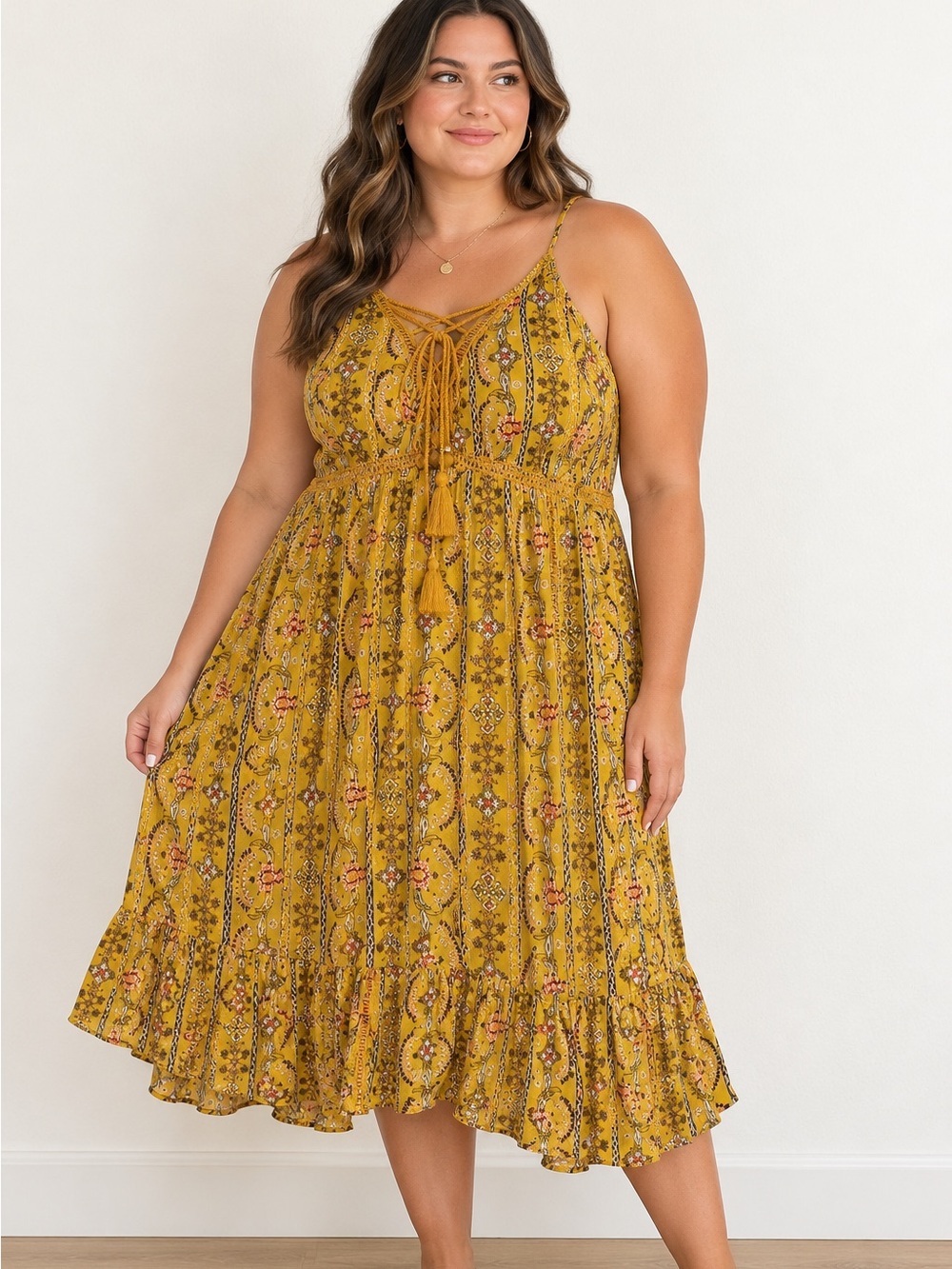 Coco + Jaimeson Buckle Yellow Floral Printed Dress Tassels Sleeveless 70s